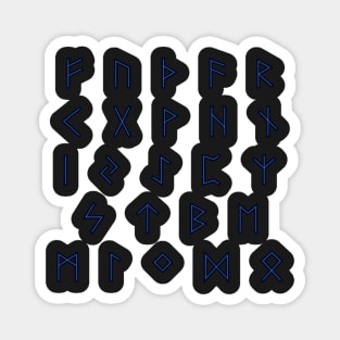 Futhark Rune Alphabet Stickers in Lightning Blue against the Night Dark Magnet