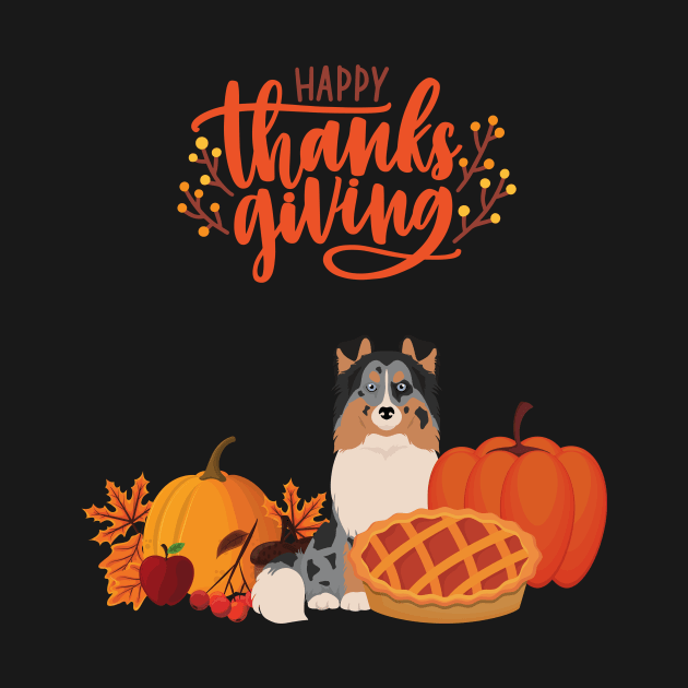 Cute Sheltie with Orange Happy Thanksgiving Sign and Holiday Pie and Pumpkin by Seasonal Dogs