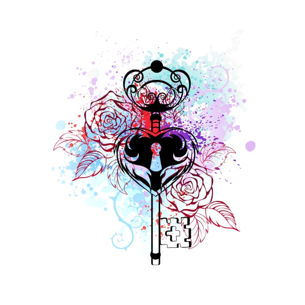 Key with Roses ( Tattoo style ) by Blackmoon9