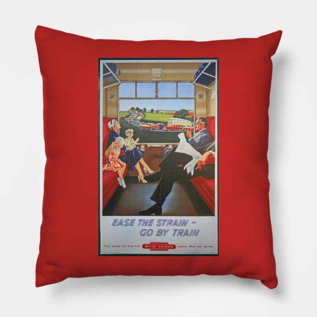 Ease The Strain, Go By Train Pillow by RedHillDigital