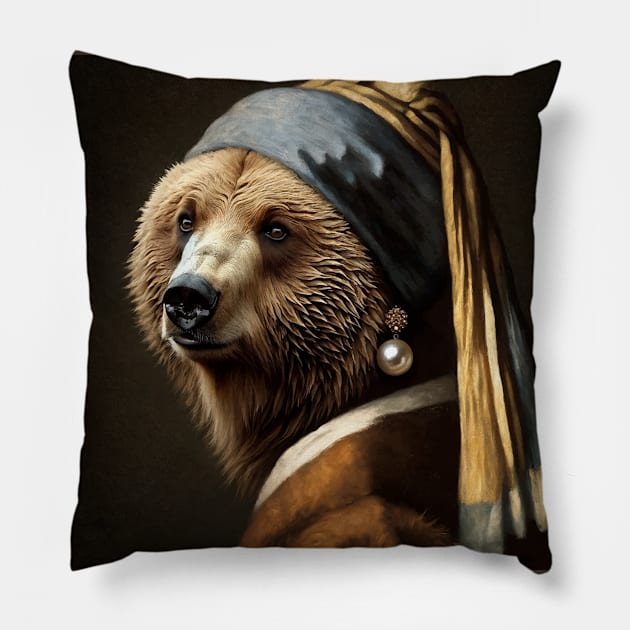 Wildlife Conservation - Pearl Earring Grizzy Bear Meme Pillow by Edd Paint Something