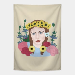 Girl with blue eyes with sunflowers and peonies Tapestry