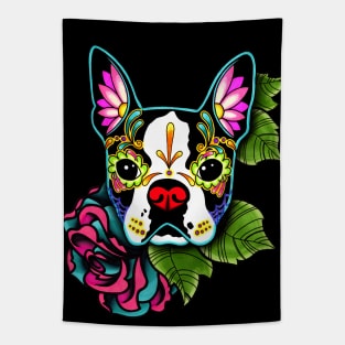 Boston Terrier in Black - Day of the Dead Sugar Skull Dog Tapestry