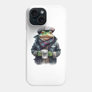 Frog wearing a jackets holding a cup coffee Phone Case