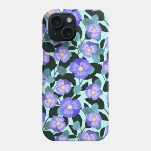 Fancy Pansy floral surface pattern with dark green leaves on pale aqua background Phone Case