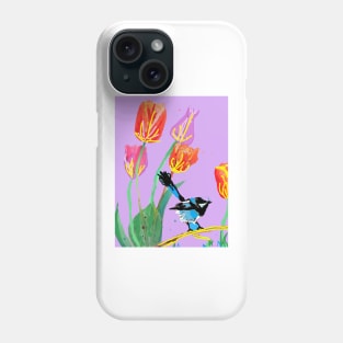 Abstract Blue Wren and Tulips Painting - on Lilac Phone Case