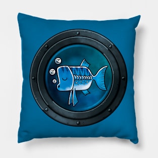 A Sleepy Blue Fish framed by a Porthole Pillow