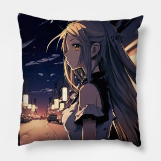 Cute Anime Girl at Night in Tokyo Crossing Street - Anime Wallpaper Pillow