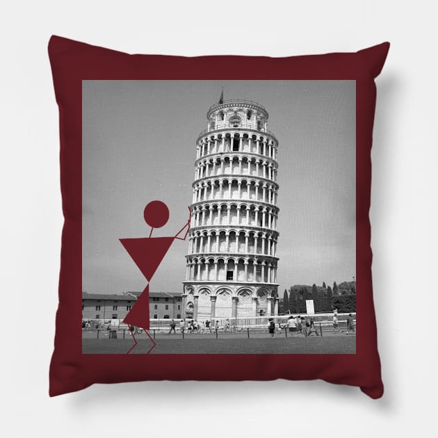 Warli man at the Leaning Tower of Pisa Pillow by AmitDesignsTees