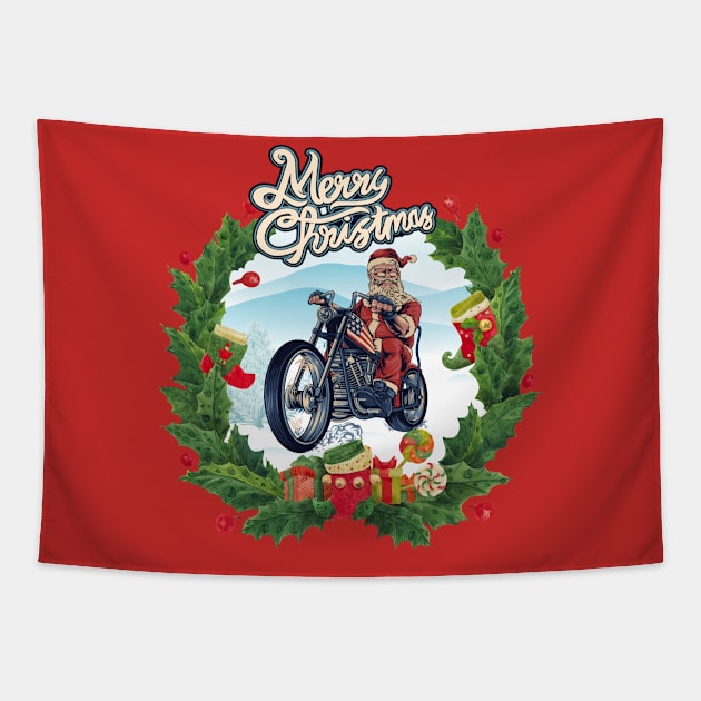 Santa riding A Motorcycle Tapestry by Rossla Designs