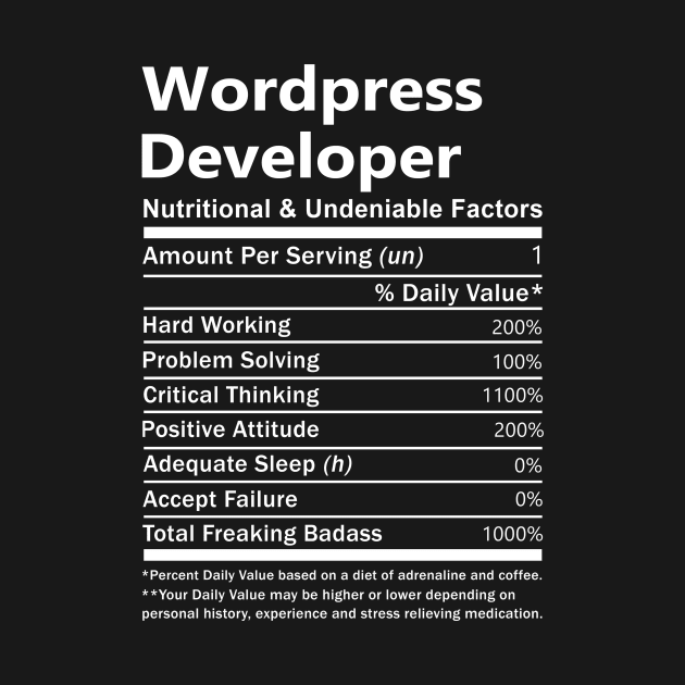 Wordpress Developer T Shirt - Nutritional and Undeniable Factors Gift Item Tee by Ryalgi