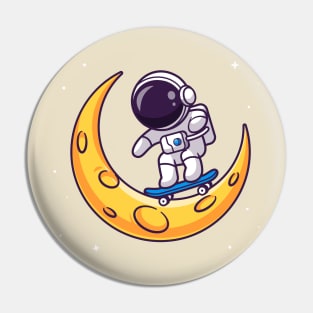 Cute Astronaut Playing Skateboard On Moon Cartoon Pin