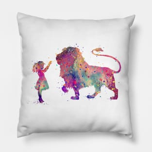 Girl and Lion Colorful Watercolor Animals Lover Gift Pillow