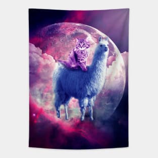 Outer Space Galaxy Kitty Cat Riding On Llama Tapestry