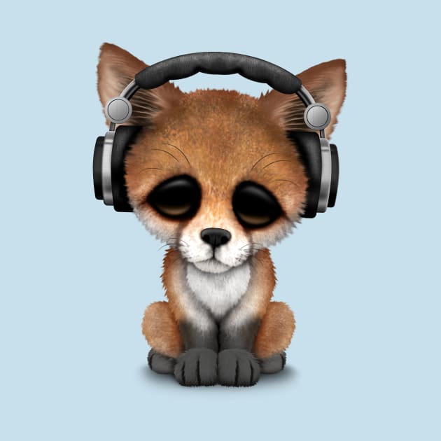 Cute Red Fox Cub Dj Wearing Headphones by jeffbartels