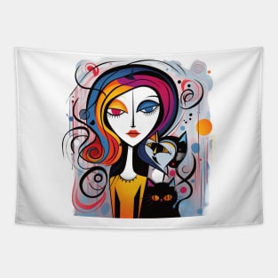 Crazy abstract woman and her cat Tapestry