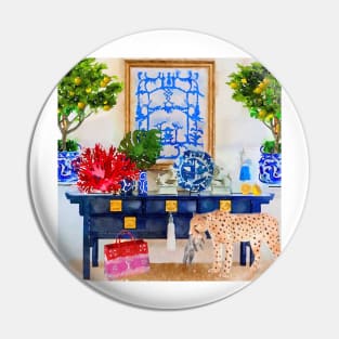 Cheetah and her cub in chinoiserie interior with ginger jars, lemon tree and red  bag Pin