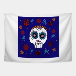 Sugar Skull and Roses blue background Tapestry