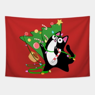 Christmas Tuxedo Cat knocks over tree funny holiday kitty Tapestry