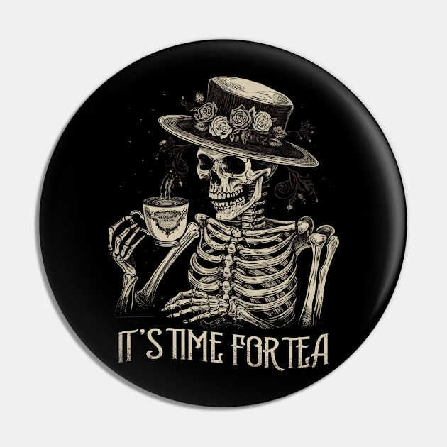 It's Time for Tea! Skeleton Funny Pin by Kali Space