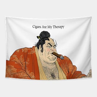 Puff Sumo: Cigars Are My Therapy on a light (Knocked Out) background Tapestry