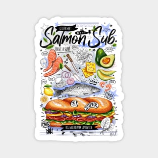 Big yummy seafood sandwich, salmon, avocado, lemon, cheese Magnet