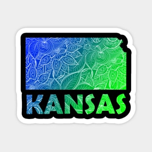 Colorful mandala art map of Kansas with text in blue and green Magnet