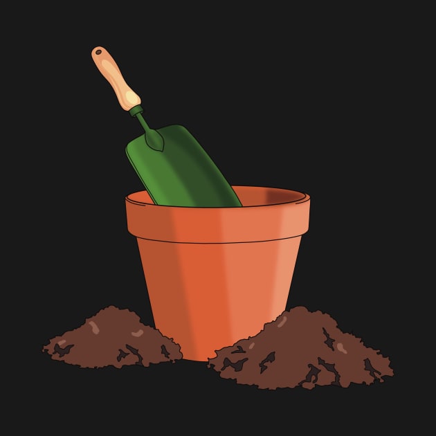 Garden terracotta pot with green mini spade and soil piles around by Fruit Tee