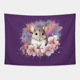 Cute Little Mouse Surrounded By Flowers Tapestry