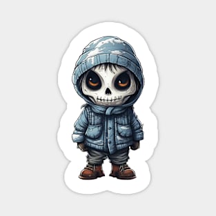 A figure of a ghastly boy in a halloween mask ! snow ! Magnet