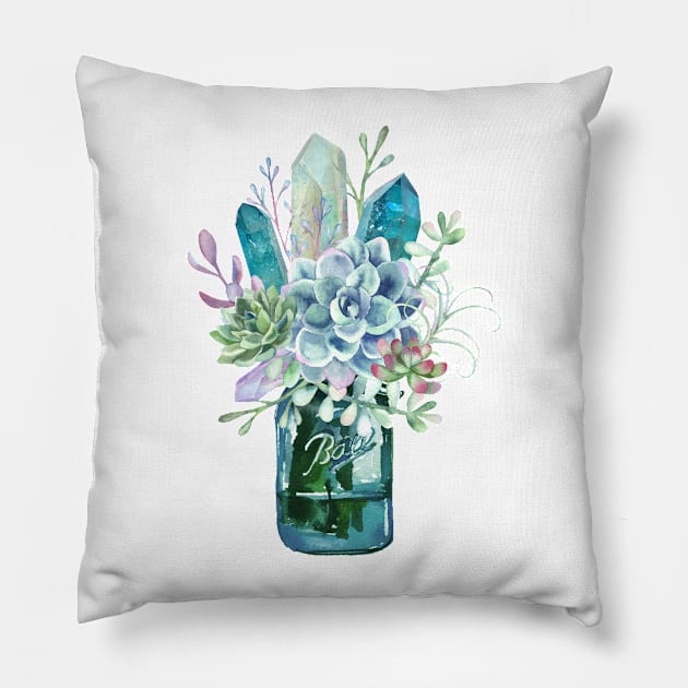 Succulent, crystal, bouquet, crystals, cacti, flowers, ball jar, vase, watercolor Pillow by SouthPrints