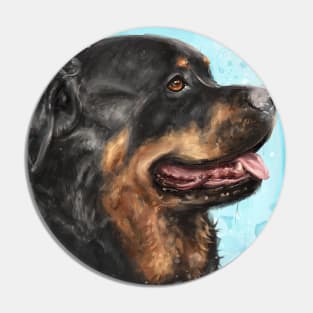 Painting of an Adorable Rottweiler with Its Tongue Out, Light Blue Spattered Background Pin