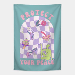 Protect Your Peace - Funky Hippie Design with Mushrooms and Flowers Tapestry