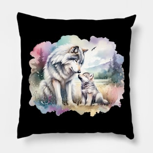 Mother Grey Wolf And Her Cub In Rocky Mountains Painting Pillow