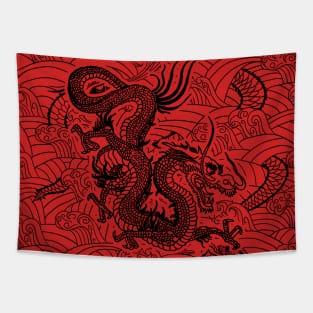 Black Chinese / Japanese Dragon with Red Background Tapestry