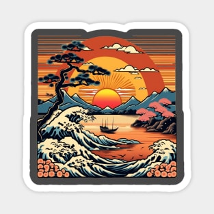 Japanese sunset boat peaceful orange design Magnet