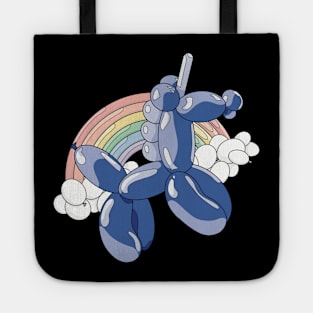 A light and dark blue unicorn balloon with a ballon rainbow and balloon clouds behind it. Tote