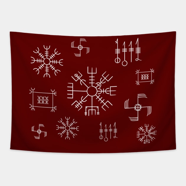 Icelandic Staves Pattern in Blood Red & White Tapestry by Time Nomads