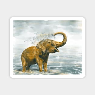 Loose Painting of a Baby Elephant Taking a Shower Magnet