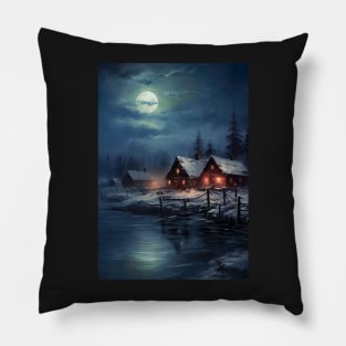 Beautiful Landscape of winter lake in mountain valley - cozy nights in blue skies Pillow