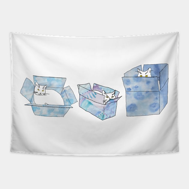 Three cats sitting in blue boxes! Tapestry by HFGJewels