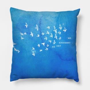 "No net ensnares me" + flock of birds - Jane Eyre quote, Charlotte Bronte (white text on blue watercolor) Pillow