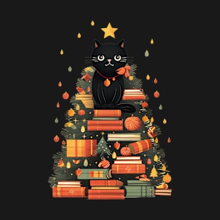 Cute Christmas Cat Books Tree T-Shirt