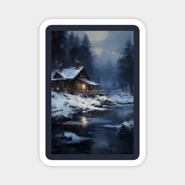 cozy winter nights - cabin by the lake - 2 Magnet by UmagineArts