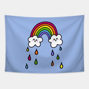 Cute Rainbow Doodle with Smiling Clouds and Colorful Raindrops, made by EndlessEmporium Tapestry