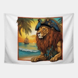 Lion with a Pirate hat  on a Tropical Beach Tapestry