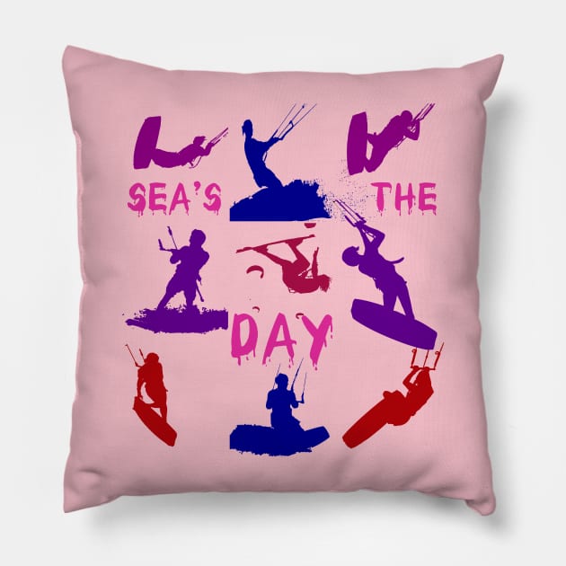 Kitesurfer Silhouette Pattern With Seas The Day Quote Pillow by taiche