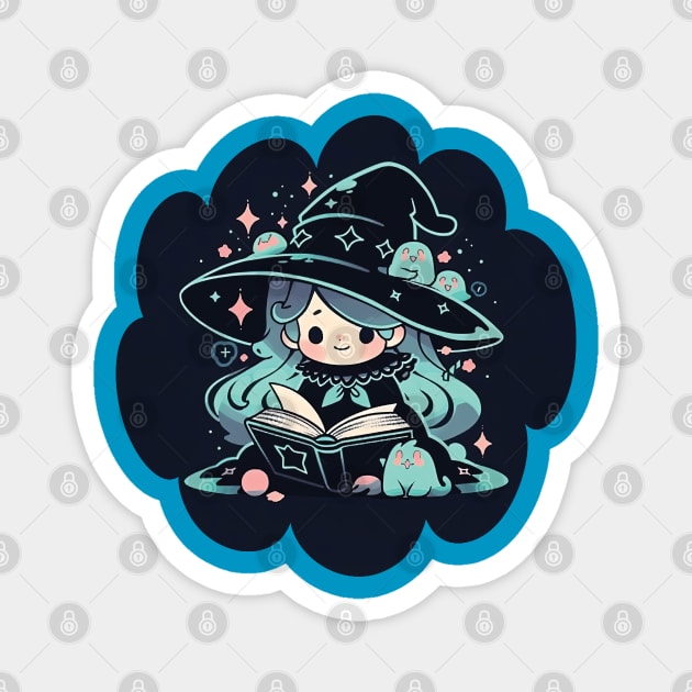 Baby Witch Virgo Zodiac Sign Reading Spell Book Chibi Style Magnet by The Little Store Of Magic