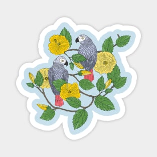 African Grey Parrots and Yellow Flowers Magnet