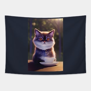 Cute Persian Exotic Shorthair Cat with a mug cup of morning coffee Tapestry